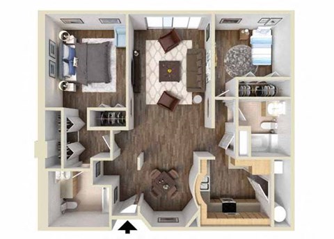 Floor plan for 2 beds, 2 baths, 1040 sqft